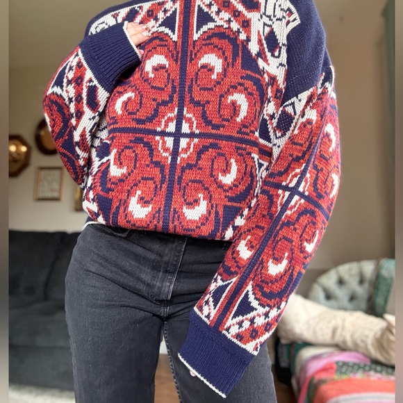 Navy Geometric Sweater XL Oversized Crewneck Sweatshirt indie sleaze Pullover